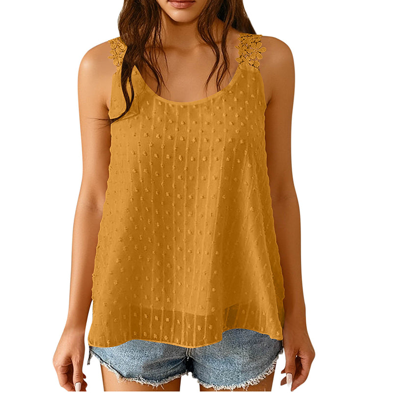 🔥 50% Kedvezmény 🏷️👚 Elegáns, pöttyös csipkés pántos ujjatlan top ✨