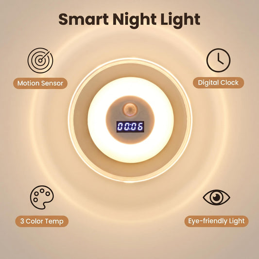 “1+1 ingyen 🎁✨” 🔥50% Kedvezmény🏷️💡 Intelligens LED-es éjszakai lámpa órával – 🌙 mozgásérzékelő, 3 színű fény, 🔋 energiahatékony