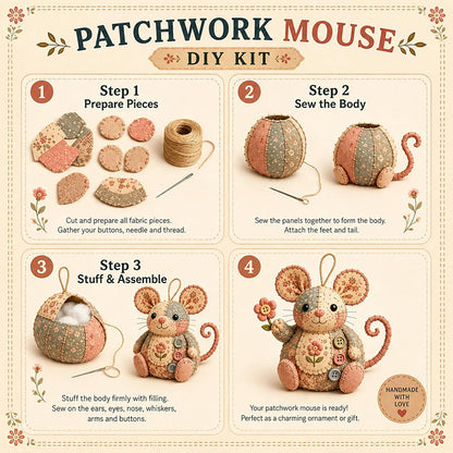 🔥50% Kedvezmény🏷️🐭 Bájos patchwork egér DIY varrókészlet – kezdőknek is! 🧵 3D-s kialakítás, minden anyaggal egy dobozban