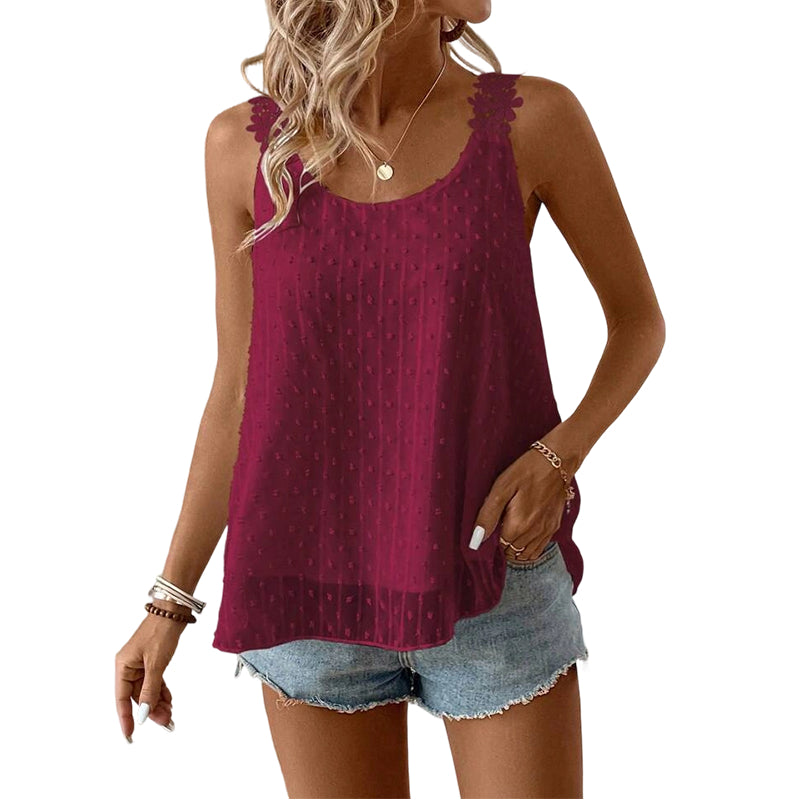🔥 50% Kedvezmény 🏷️👚 Elegáns, pöttyös csipkés pántos ujjatlan top ✨