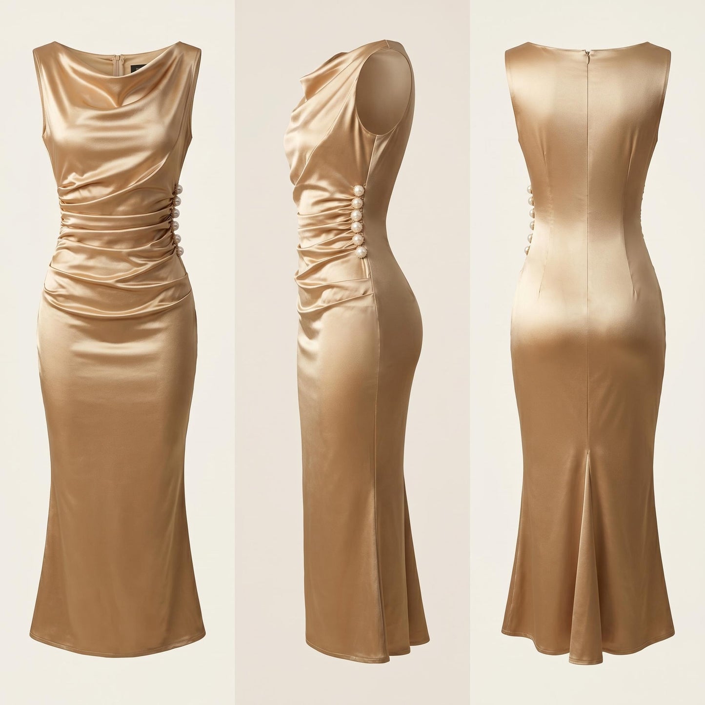 🔥 50% Kedvezmény 🏷️ Több méretben kapható 👗✨ Pezsgő arany szatén gyöngy alakú ruha