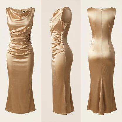 🔥 50% Kedvezmény 🏷️ Több méretben kapható 👗✨ Pezsgő arany szatén gyöngy alakú ruha