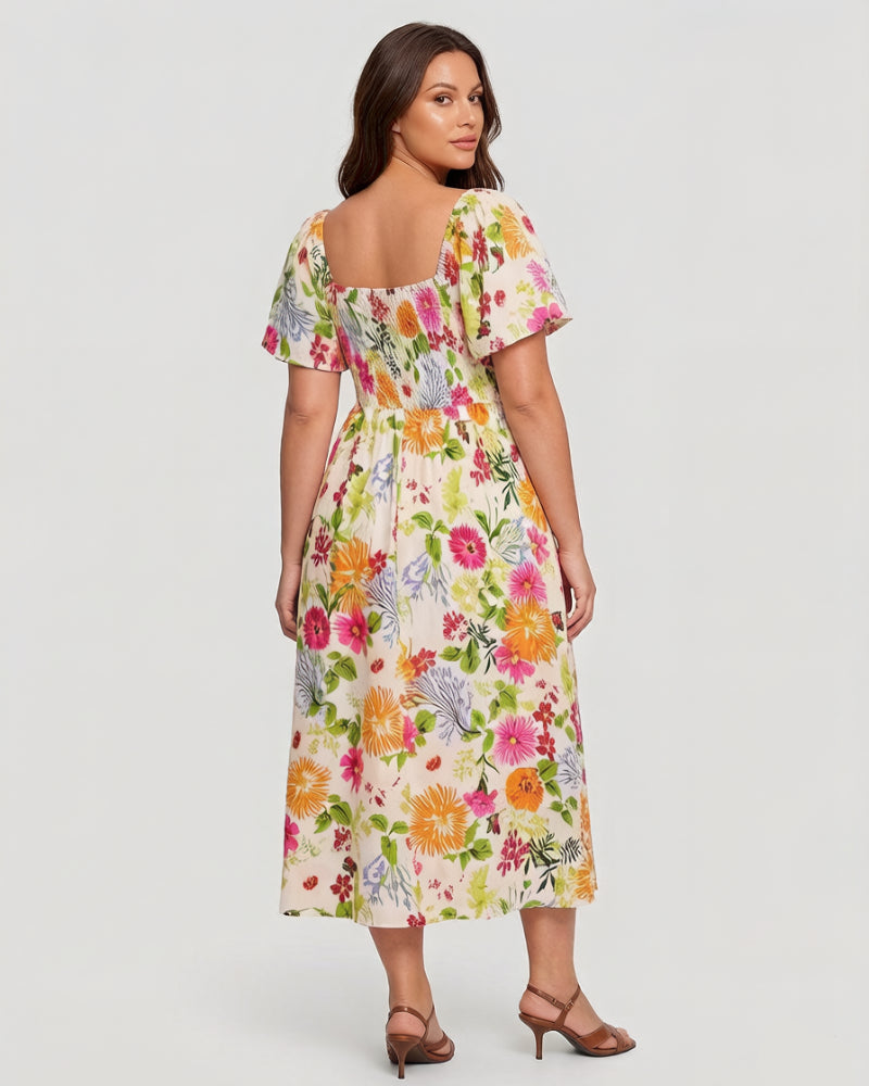 🌸👗 Virágmintás midi ruha, smockolt négyzet alakú nyakkivágással és zsebekkel