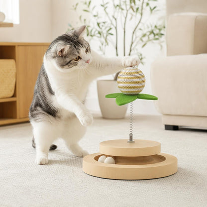 Lesena interaktivna igralna postaja za mačke s sisalno žogo | CATPLAYWOOD