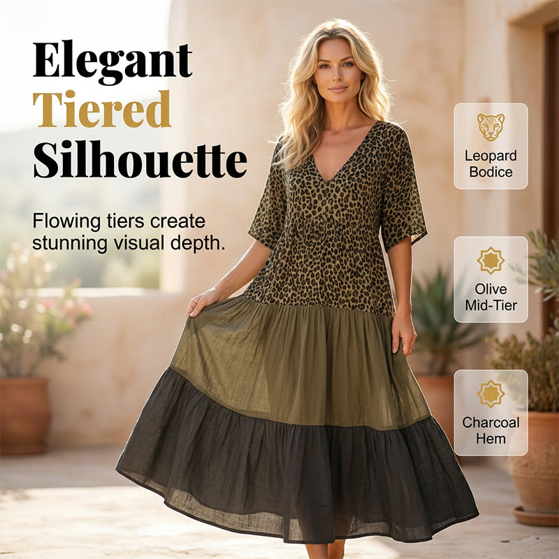 🔥50% Kedvezmény🏷️Több méretben kapható👚🌿 Elegáns, bohém stílusú hosszú női ruha – 🐆 leopárdmintás felsőrésszel, 💨 könnyű, légáteresztő anyagból
