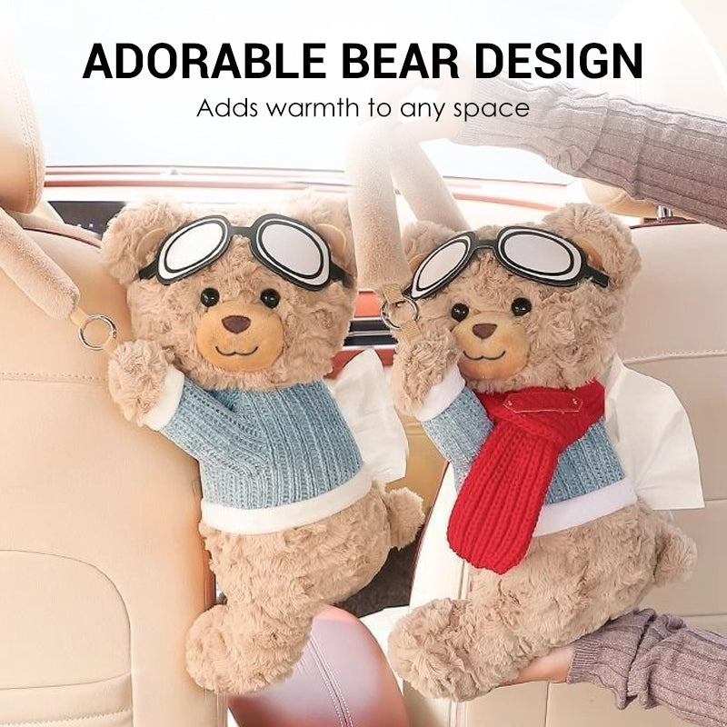🔥50% Kedvezmény🏷️🐻🚗 Vidámság minden utazáshoz! Plüss macis autós zsebkendőtartó – 😊mosolyt csal az arcodra, 👐egykezes nyitás, 🎀bárhova felakasztható