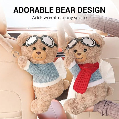 🔥50% Kedvezmény🏷️🐻🚗 Vidámság minden utazáshoz! Plüss macis autós zsebkendőtartó – 😊mosolyt csal az arcodra, 👐egykezes nyitás, 🎀bárhova felakasztható