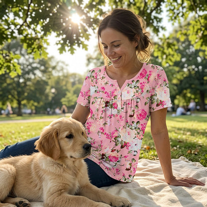 🔥50% kedvezmény👚 Női, lebegő szabású, virágmintás, gombos póló 🌸