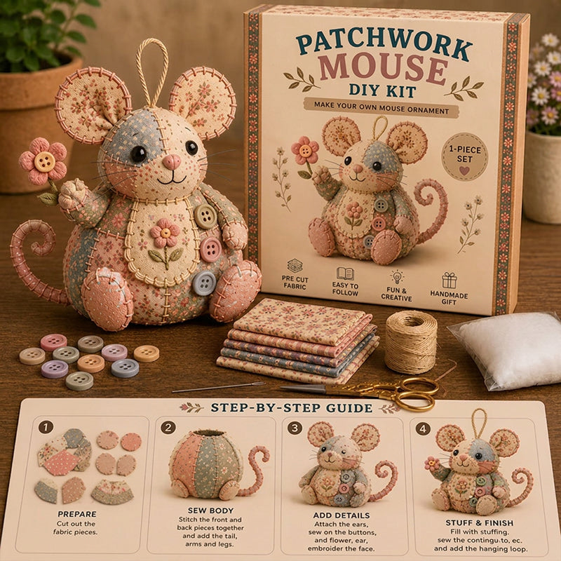 🔥50% Kedvezmény🏷️🐭 Bájos patchwork egér DIY varrókészlet – kezdőknek is! 🧵 3D-s kialakítás, minden anyaggal egy dobozban