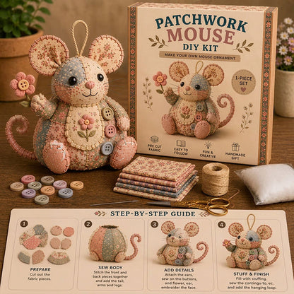 🔥50% Kedvezmény🏷️🐭 Bájos patchwork egér DIY varrókészlet – kezdőknek is! 🧵 3D-s kialakítás, minden anyaggal egy dobozban