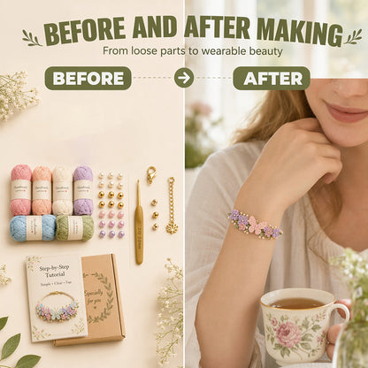 🔥50% Kedvezmény🏷️🎨Több színben kapható🦋 Természet ihlette DIY horgolt karkötő készlet – 📖 kezdő útmutatóval, 🎁 ajándékdobozban – kreatív kézműves ajándék