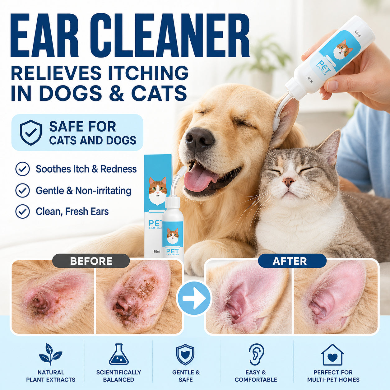 🔥50% Kedvezmény🏷️🐕🐱 Védd meg a szőrös barátod fülét! Kisállat fültisztító folyadék – 🌿növényi kivonatok, 🧪tudományos formula, 👂ergonómikus szilikoncsúcs