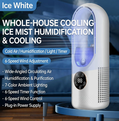 🔥50% Kedvezmény🏷️🌬️ Ice Mist hordozható toronyventilátor – pengék nélküli, 720°-os légáramlás, 💧 hűtő ködös párásítással, 7 színű hangulatvilágítással