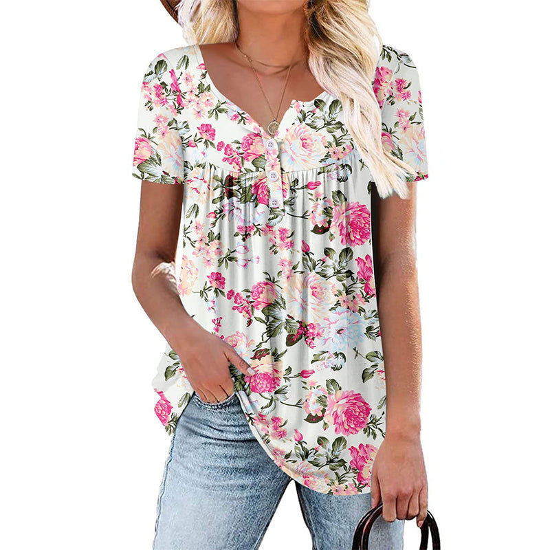 🔥50% kedvezmény👚 Női, lebegő szabású, virágmintás, gombos póló 🌸