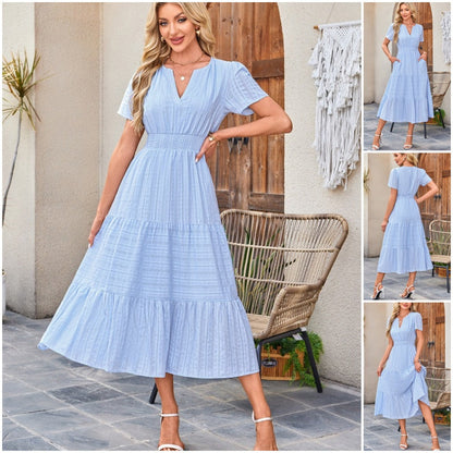 👗 Női, könnyű, rövid ujjú, V-nyakú, rugalmas derékú ruha 💃