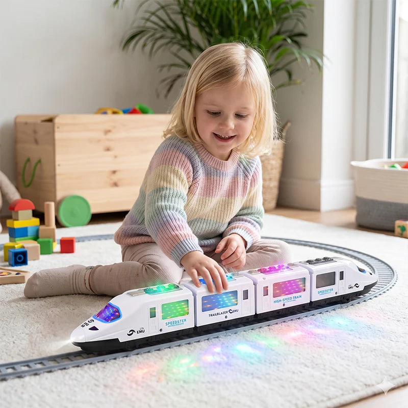 🔥50% Kedvezmény🚂 Világító és zenélő elektromos játékvonat – intelligens akadályelkerüléssel, 3 méretben