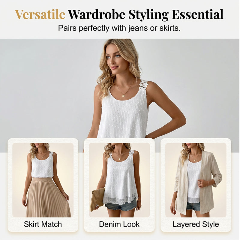 🔥 50% Kedvezmény 🏷️👚 Elegáns, pöttyös csipkés pántos ujjatlan top ✨