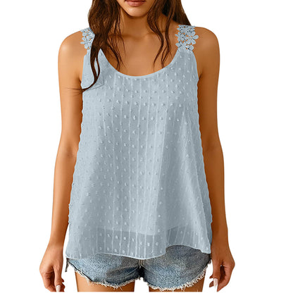 🔥 50% Kedvezmény 🏷️👚 Elegáns, pöttyös csipkés pántos ujjatlan top ✨