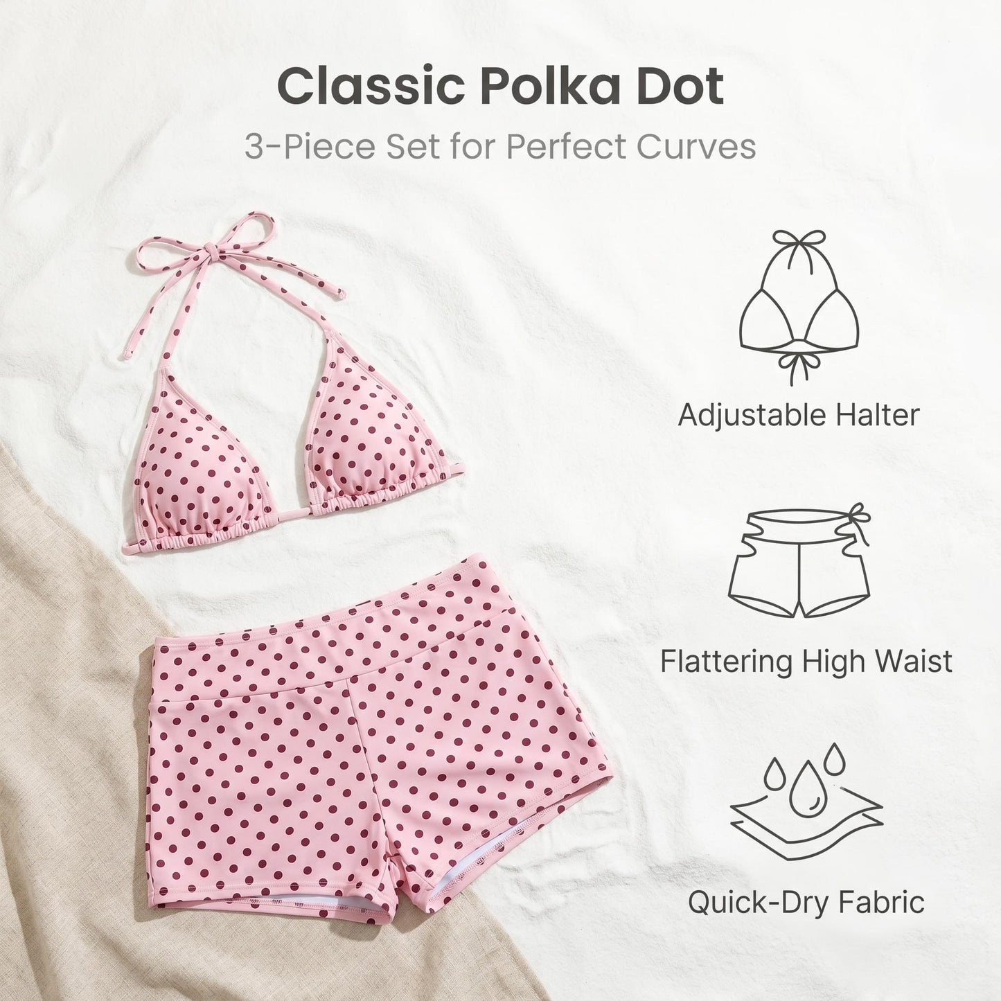 🔥50% Kedvezmény🏷️👙 Retro pöttyös bikini szett, 🎀 oldalt kötős alsóval, 🌊 háromrészes kivitelben – strandra és medencéhez