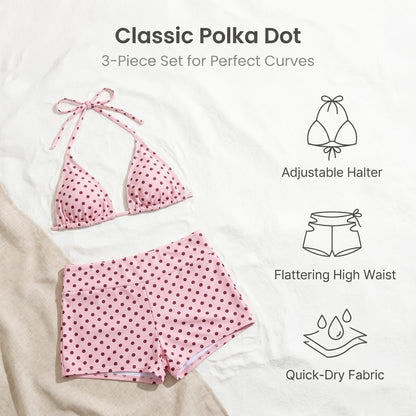 🔥50% Kedvezmény🏷️👙 Retro pöttyös bikini szett, 🎀 oldalt kötős alsóval, 🌊 háromrészes kivitelben – strandra és medencéhez