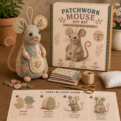 🔥50% Kedvezmény🏷️🐭 Bájos patchwork egér DIY varrókészlet – kezdőknek is! 🧵 3D-s kialakítás, minden anyaggal egy dobozban