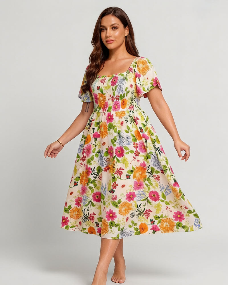 🌸👗 Virágmintás midi ruha, smockolt négyzet alakú nyakkivágással és zsebekkel