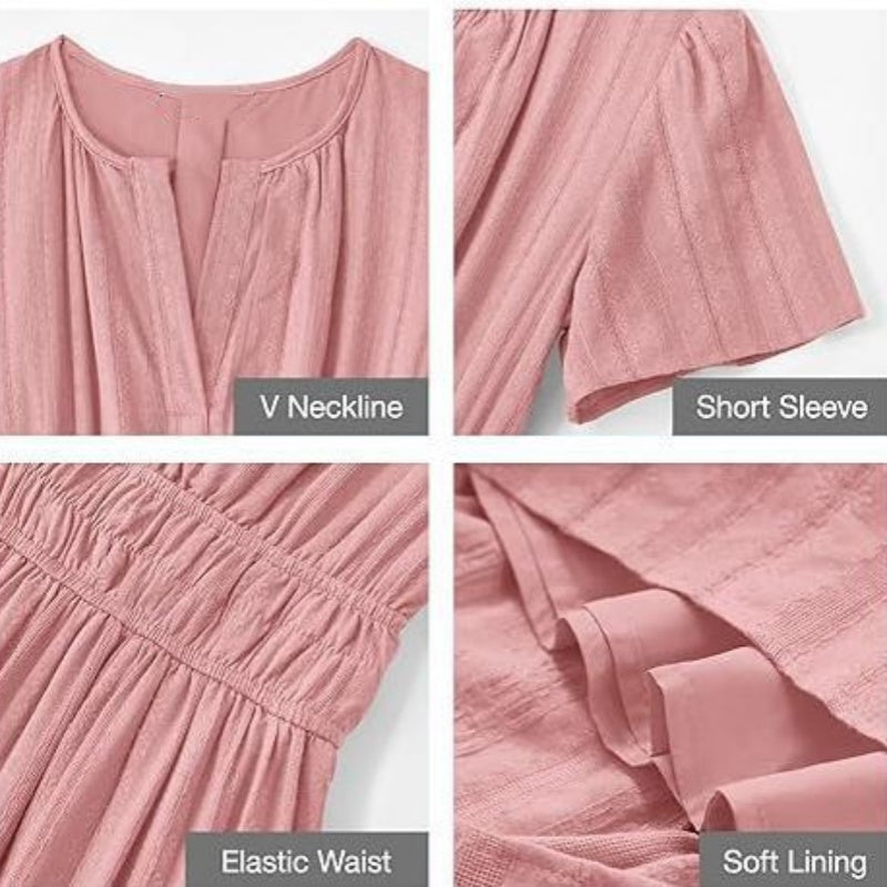 👗 Női, könnyű, rövid ujjú, V-nyakú, rugalmas derékú ruha 💃