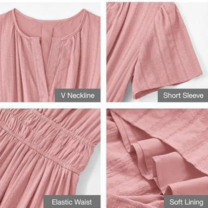 👗 Női, könnyű, rövid ujjú, V-nyakú, rugalmas derékú ruha 💃