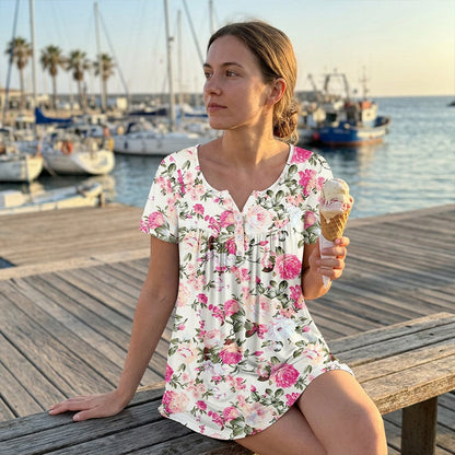 🔥50% kedvezmény👚 Női, lebegő szabású, virágmintás, gombos póló 🌸