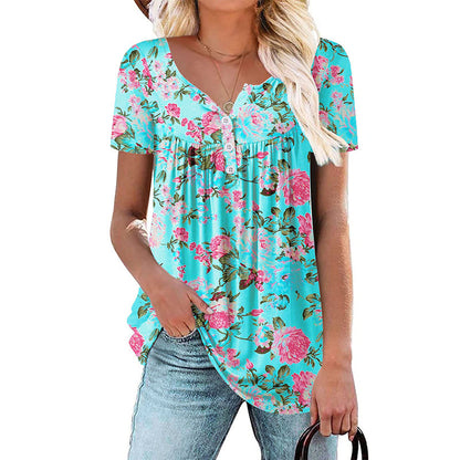 🔥50% kedvezmény👚 Női, lebegő szabású, virágmintás, gombos póló 🌸