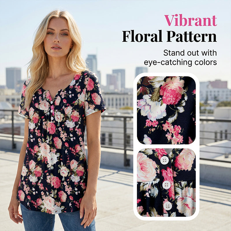 🔥50% kedvezmény👚 Női, lebegő szabású, virágmintás, gombos póló 🌸