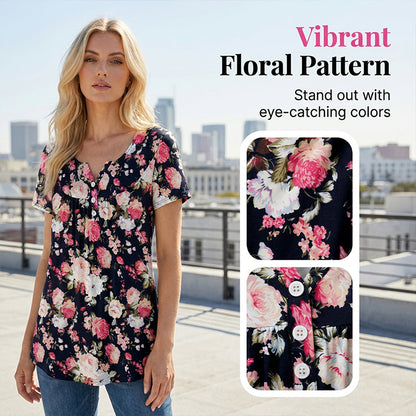 🔥50% kedvezmény👚 Női, lebegő szabású, virágmintás, gombos póló 🌸
