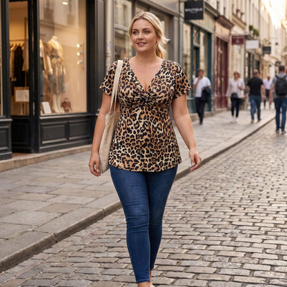 🐆 Női, V-nyakú, elöl csavart, leopárdmintás felső 👚