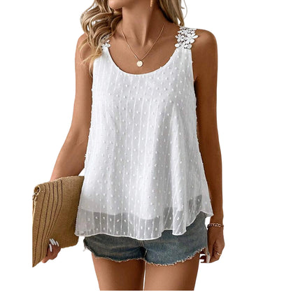 🔥 50% Kedvezmény 🏷️👚 Elegáns, pöttyös csipkés pántos ujjatlan top ✨