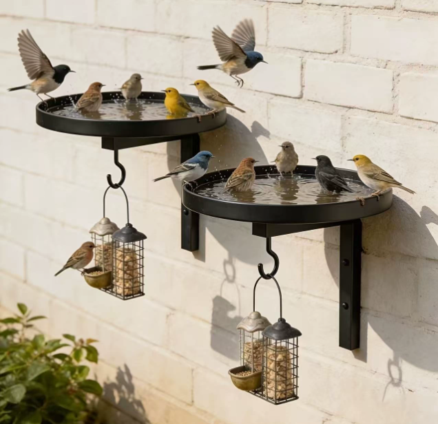 “1+1 ingyen 🎁✨”🐦 Falra szerelhető madárfürdő és etetőtál, 🌿 rozsdamentes fémváz, 💧 20 cm-es fürdőmedencével – helytakarékos kerti megoldás