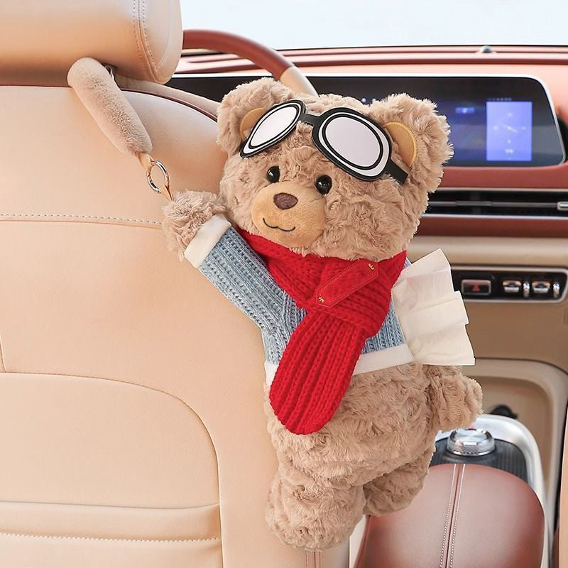 🔥50% Kedvezmény🏷️🐻🚗 Vidámság minden utazáshoz! Plüss macis autós zsebkendőtartó – 😊mosolyt csal az arcodra, 👐egykezes nyitás, 🎀bárhova felakasztható