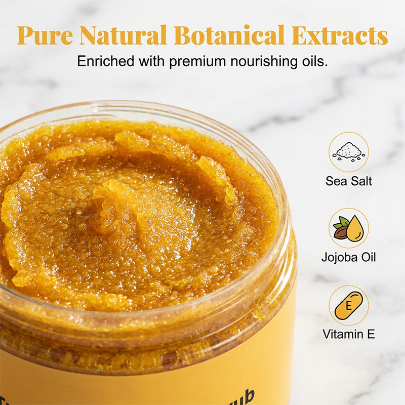 🔥50% Kedvezmény🏷️✨ Természetes kurkuma testradír, 🌊 tengeri sóval, 🌿 jojobaolajjal és E-vitaminnal – arcra és testre