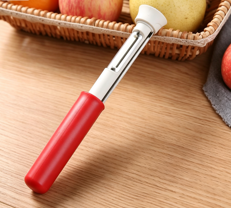 🔥50% Kedvezmény🏷️📦Kombinált csomag🍎🔪 Egy eszköz, két funkció! 2 az 1-ben gyümölcsmag-eltávolító és hámozó – 🍏éles penge, 🤲csúszásmentes fogantyú, 🧼könnyű tisztítás