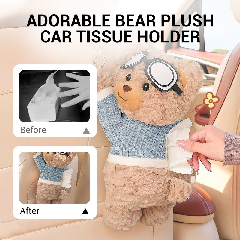 🔥50% Kedvezmény🏷️🐻🚗 Vidámság minden utazáshoz! Plüss macis autós zsebkendőtartó – 😊mosolyt csal az arcodra, 👐egykezes nyitás, 🎀bárhova felakasztható
