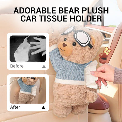 🔥50% Kedvezmény🏷️🐻🚗 Vidámság minden utazáshoz! Plüss macis autós zsebkendőtartó – 😊mosolyt csal az arcodra, 👐egykezes nyitás, 🎀bárhova felakasztható