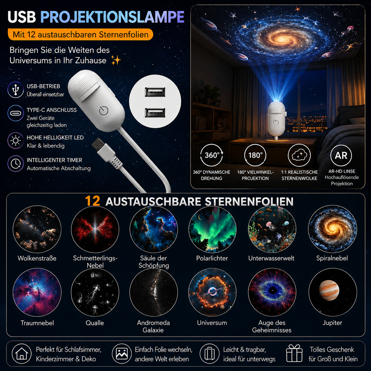 🔥50% Kedvezmény🏷️🌌 2 az 1-ben csillagos égbolt-vetítő és éjszakai lámpa, 🌙 cserélhető fóliákkal, 💫 USB-ről működik – varázslatos hangulatot teremt