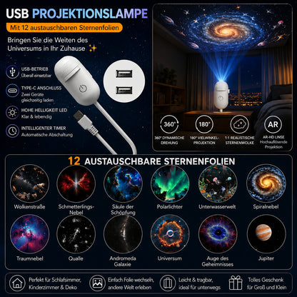 🔥50% Kedvezmény🏷️🌌 2 az 1-ben csillagos égbolt-vetítő és éjszakai lámpa, 🌙 cserélhető fóliákkal, 💫 USB-ről működik – varázslatos hangulatot teremt