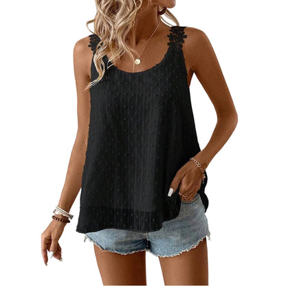 🔥 50% Kedvezmény 🏷️👚 Elegáns, pöttyös csipkés pántos ujjatlan top ✨