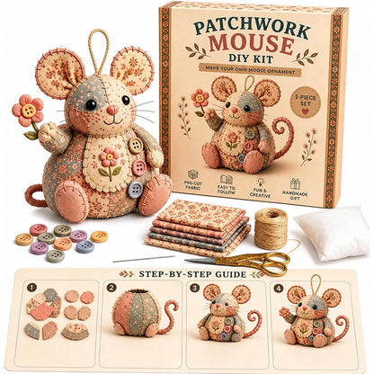 🔥50% Kedvezmény🏷️🐭 Bájos patchwork egér DIY varrókészlet – kezdőknek is! 🧵 3D-s kialakítás, minden anyaggal egy dobozban