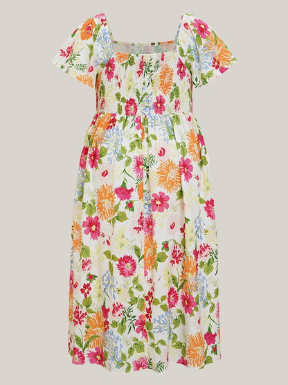 🌸👗 Virágmintás midi ruha, smockolt négyzet alakú nyakkivágással és zsebekkel