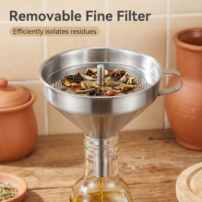 🔥50% Kedvezmény🏷️🧂 Rozsdamentes acél tölcsér, 🔍 kivehető finomszemcsés szűrővel, 🪣 több méretben – konyhába, sütéshez, főzéshez
