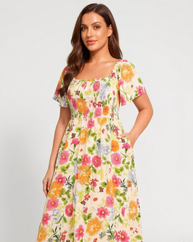 🌸👗 Virágmintás midi ruha, smockolt négyzet alakú nyakkivágással és zsebekkel