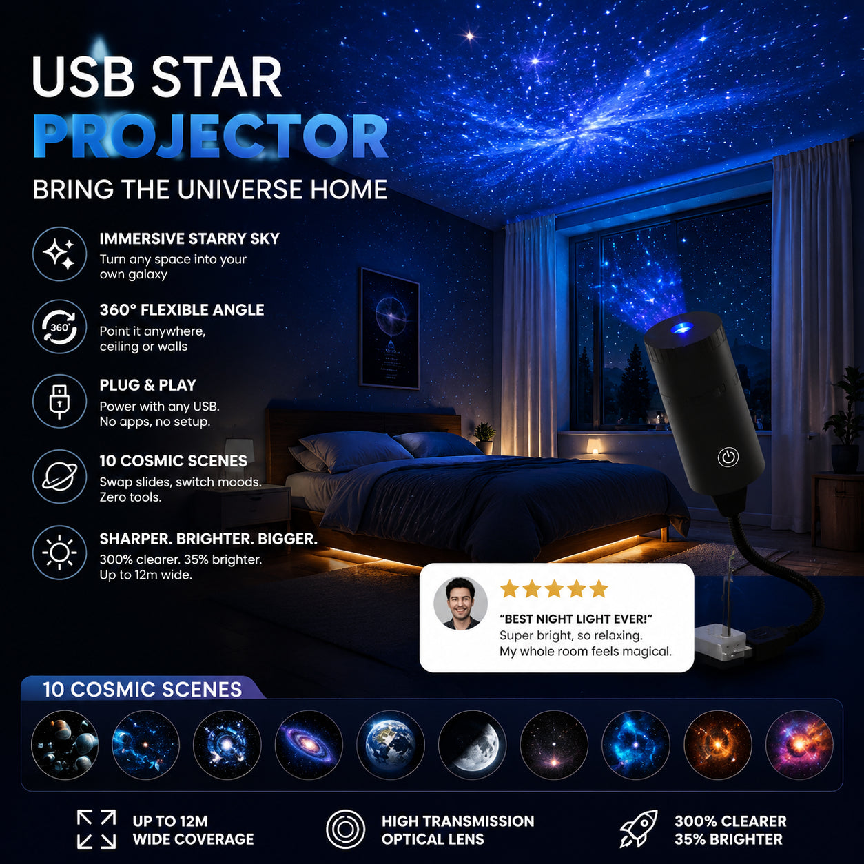 🔌 Plug-and-Play HD csillagvetítő 🌟