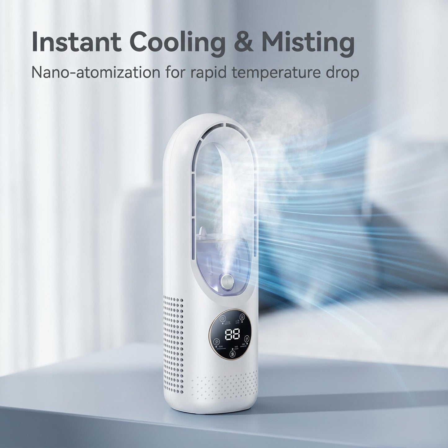 🔥50% Kedvezmény🏷️🌬️ Ice Mist hordozható toronyventilátor – pengék nélküli, 720°-os légáramlás, 💧 hűtő ködös párásítással, 7 színű hangulatvilágítással