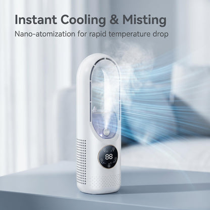 🔥50% Kedvezmény🏷️🌬️ Ice Mist hordozható toronyventilátor – pengék nélküli, 720°-os légáramlás, 💧 hűtő ködös párásítással, 7 színű hangulatvilágítással
